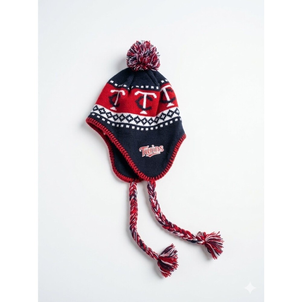 Minnesota Twins '47 Brand MLB Knit Trapper Hat Ear Flaps Pom Beanie Navy Red EUC
